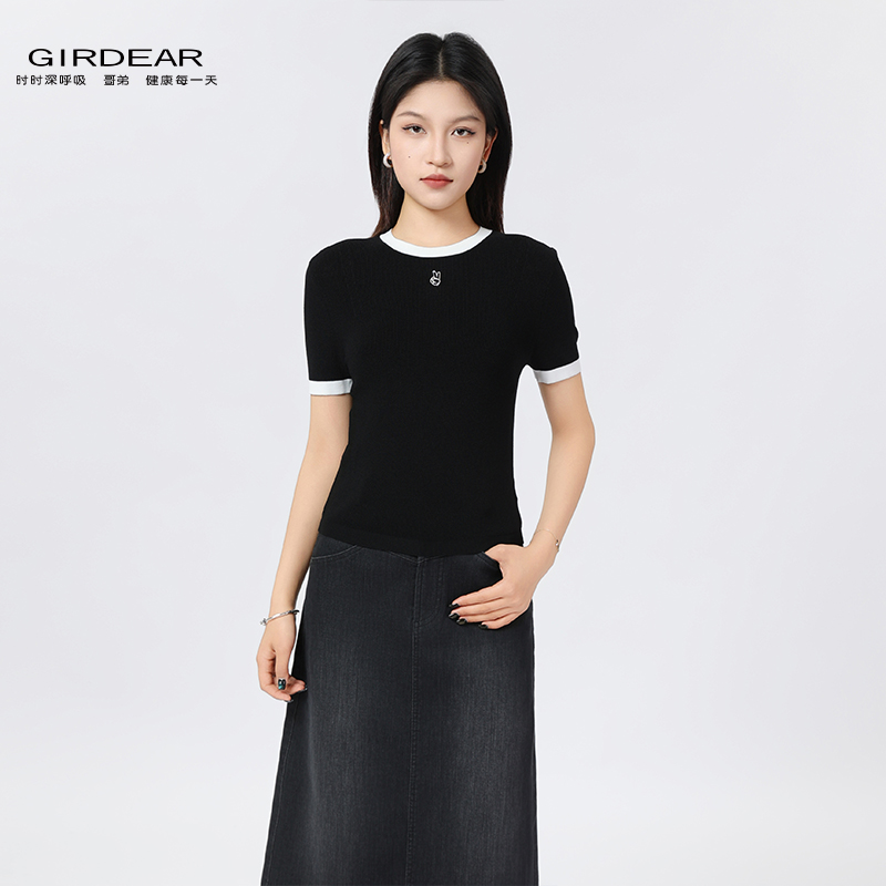 GIRDEAR/哥弟新款针织上衣早春气质显瘦百搭透气短袖T恤138012