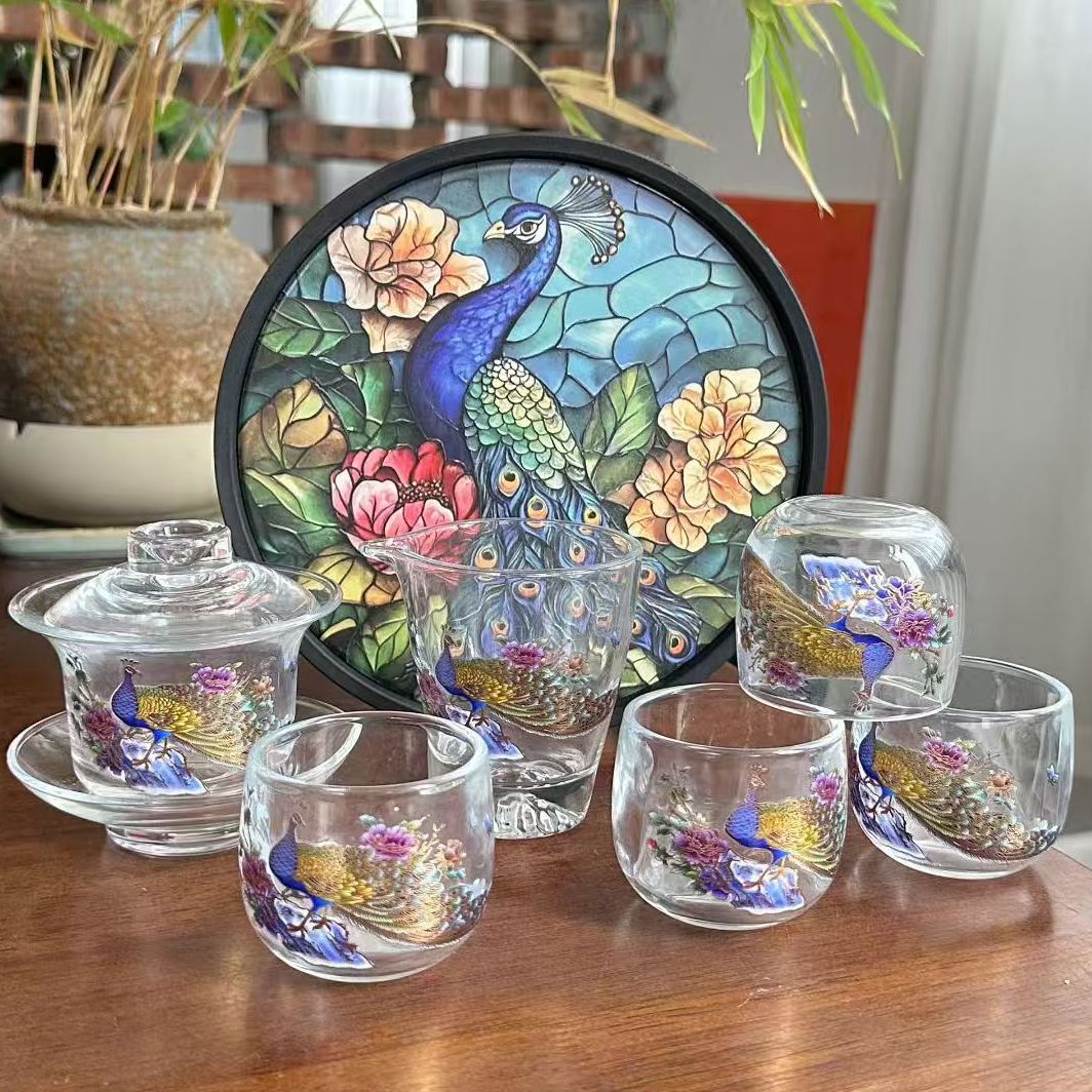 【优品】玻璃(变色)孔雀【1盖碗1公杯4扳指杯】 圆形吸水盘ZHZ0916