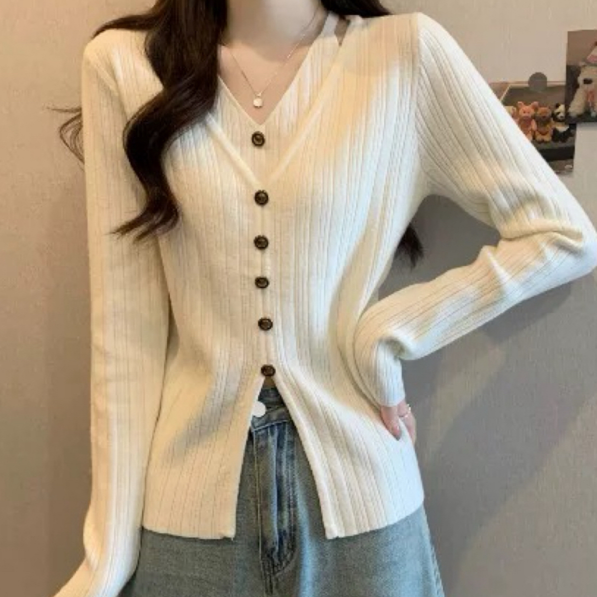 【小白姐姐】新款法式V领针织衫开叉百搭