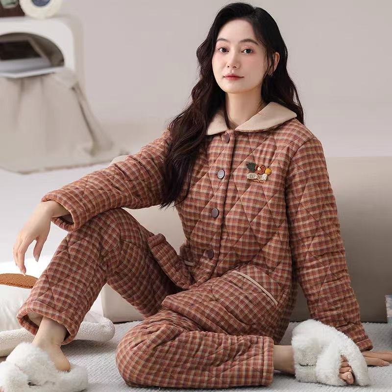 睡衣冬季珊瑚加厚加绒三层夹棉秋冬保暖法兰绒棉袄冬天家居服套装