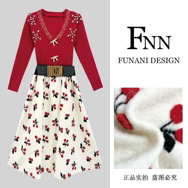 芙娜妮法式针织衫上衣毛衣秋季v领樱桃半身裙气质女F2431823B