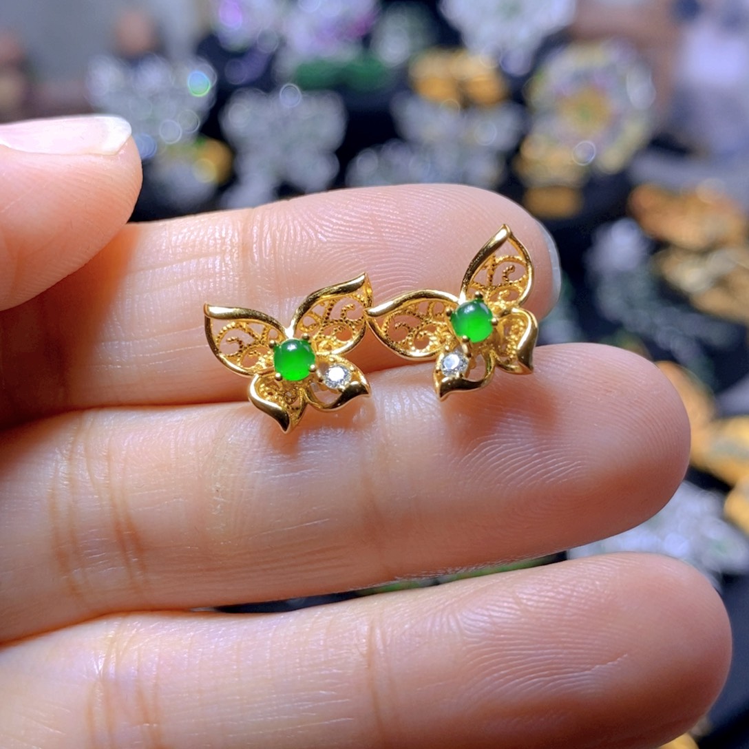 翡翠耳钉银S925镶嵌天然翡翠