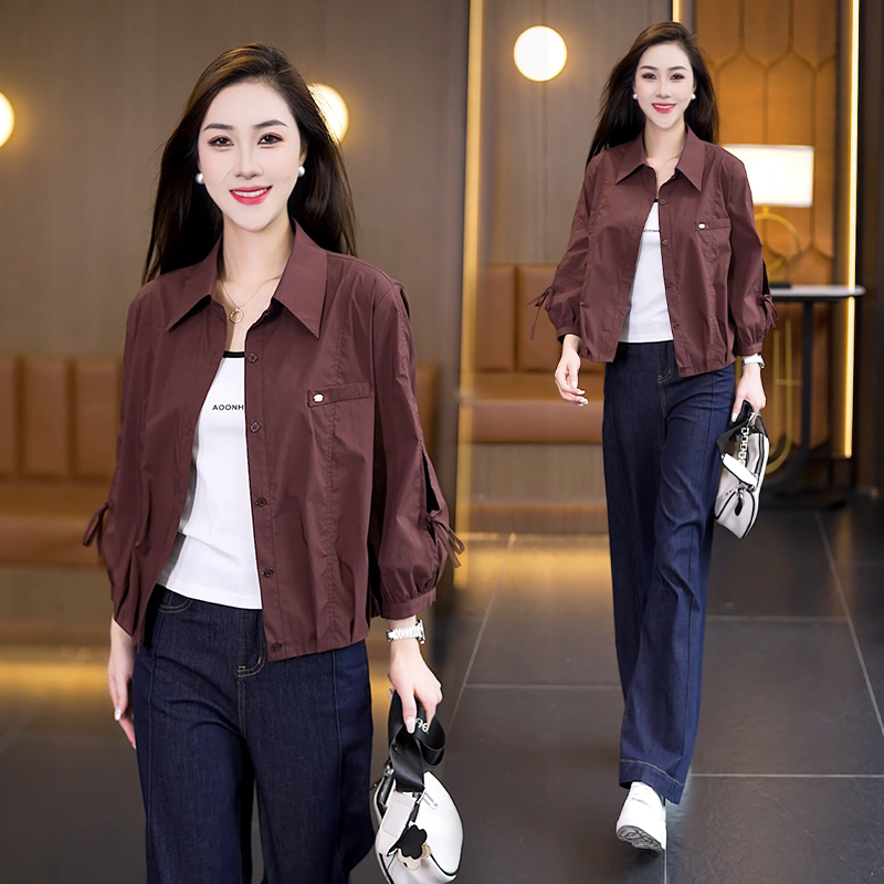 速干韩版长袖口镂空绑带短外套2025春秋新款休闲气质女士外穿衬衫