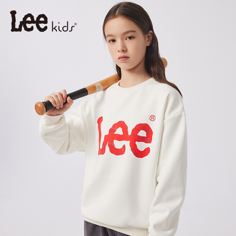 Leekids秋季圆领卫衣男女童宽松百搭中大童纯色上衣