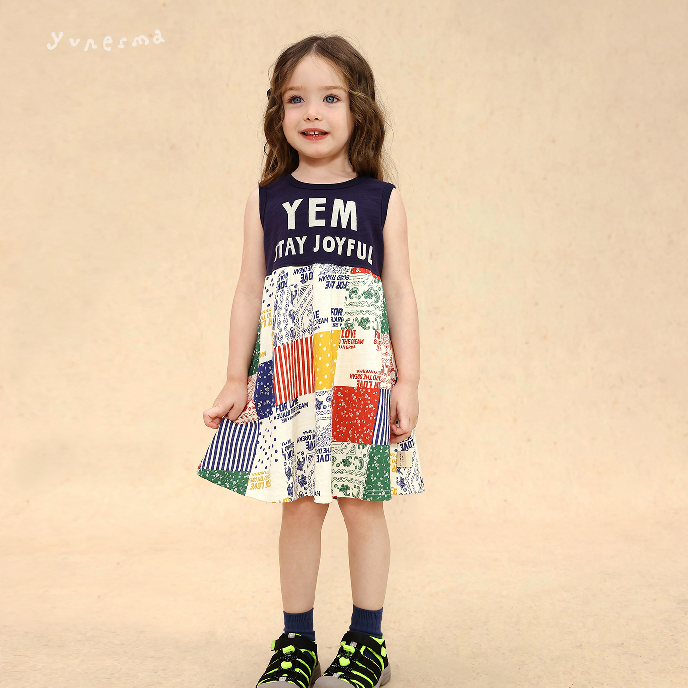 允儿妈女童夏季小众复古字母拼接背心裙 宝宝时尚T恤裙儿童连衣裙