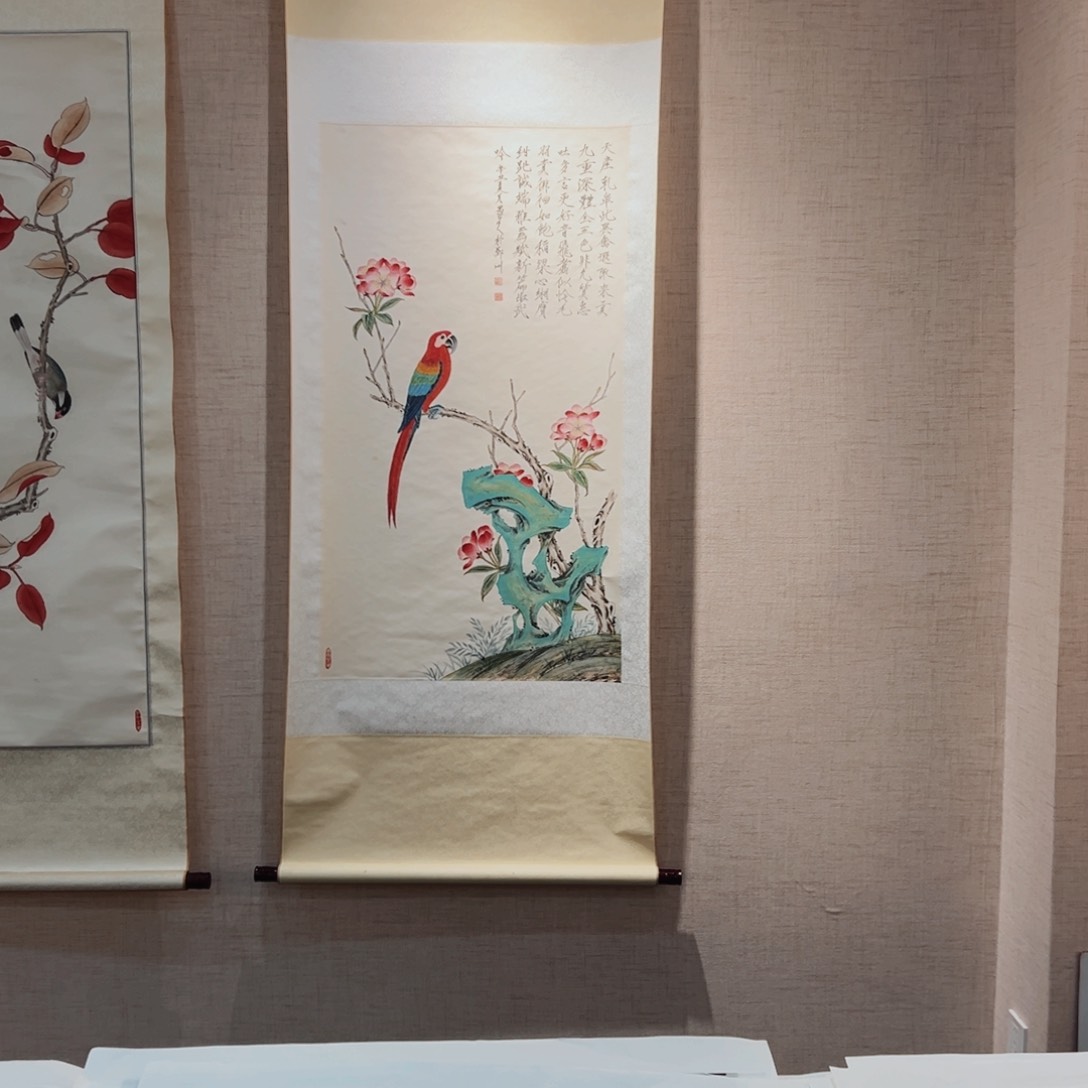 国画艾*李老师工笔花鸟鹦鹉作品