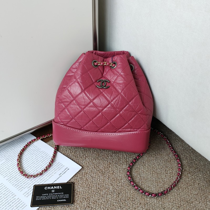 95新 Chanel/香奈儿 粉色褶皱牛皮鸳鸯链小号流浪双肩包54002