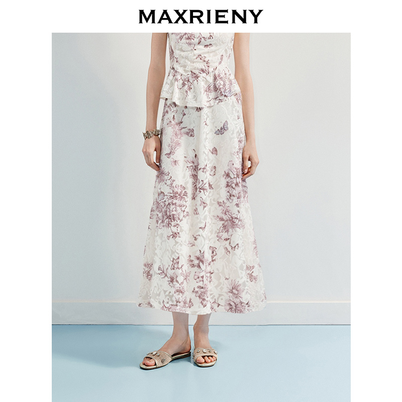 MAXRIENY【商场同款】2025秋复古优雅风A字伞摆蝴蝶烧花高腰中长裙