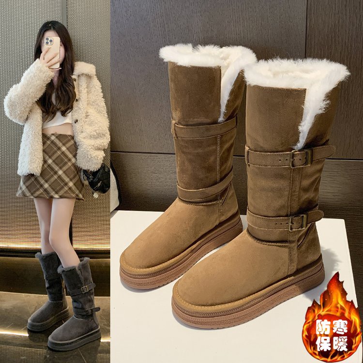 格各家厚底灰色雪地靴女2025冬季新款加厚绒增高搭扣长筒雪地棉鞋