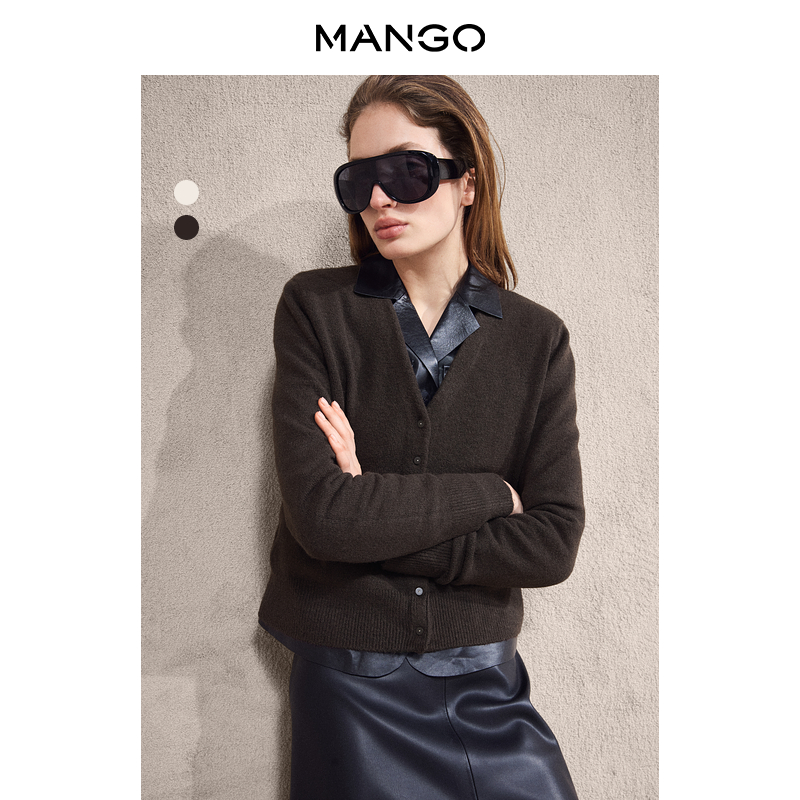 MANGO女装毛针织衫2025冬装新款简约V领羊毛混纺系扣开衫毛衣