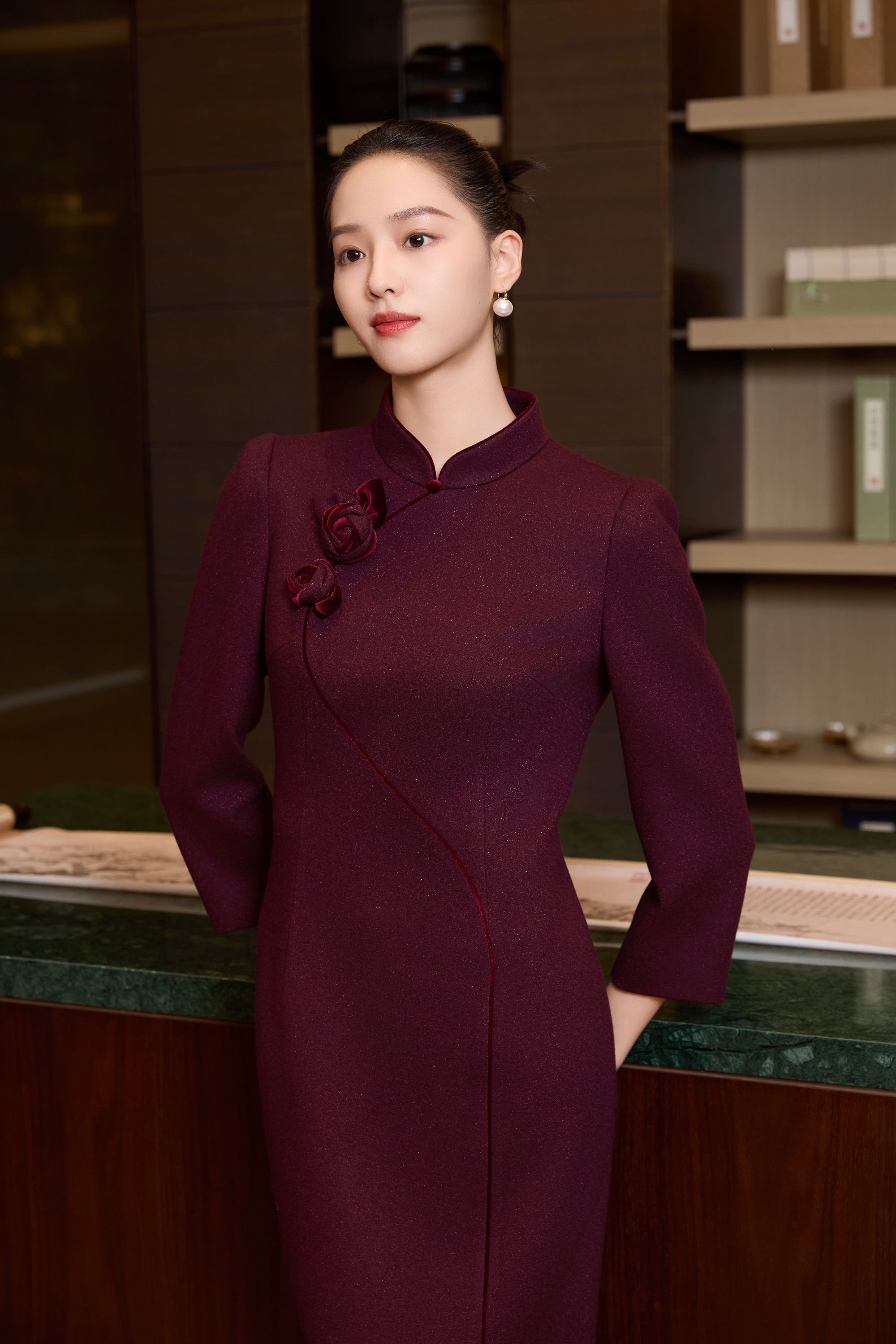 朱紫褕170579旗袍/枣红色/长袖/喜婆婆喜妈妈