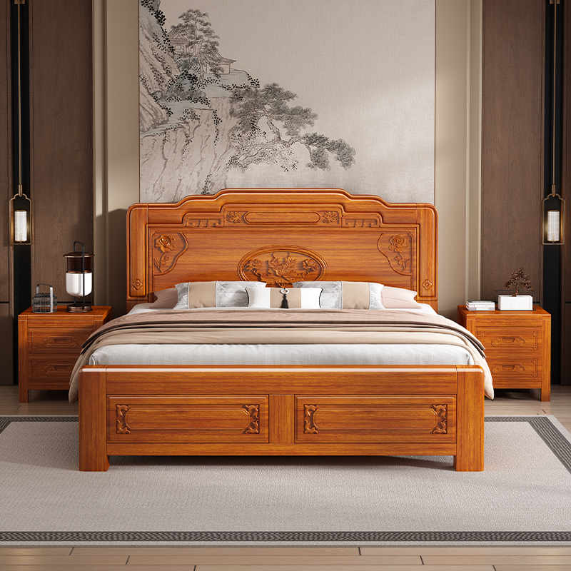 【牡丹】榫卯结构实木床古典风1.8米双人床雕花家用主卧1.2米儿童床