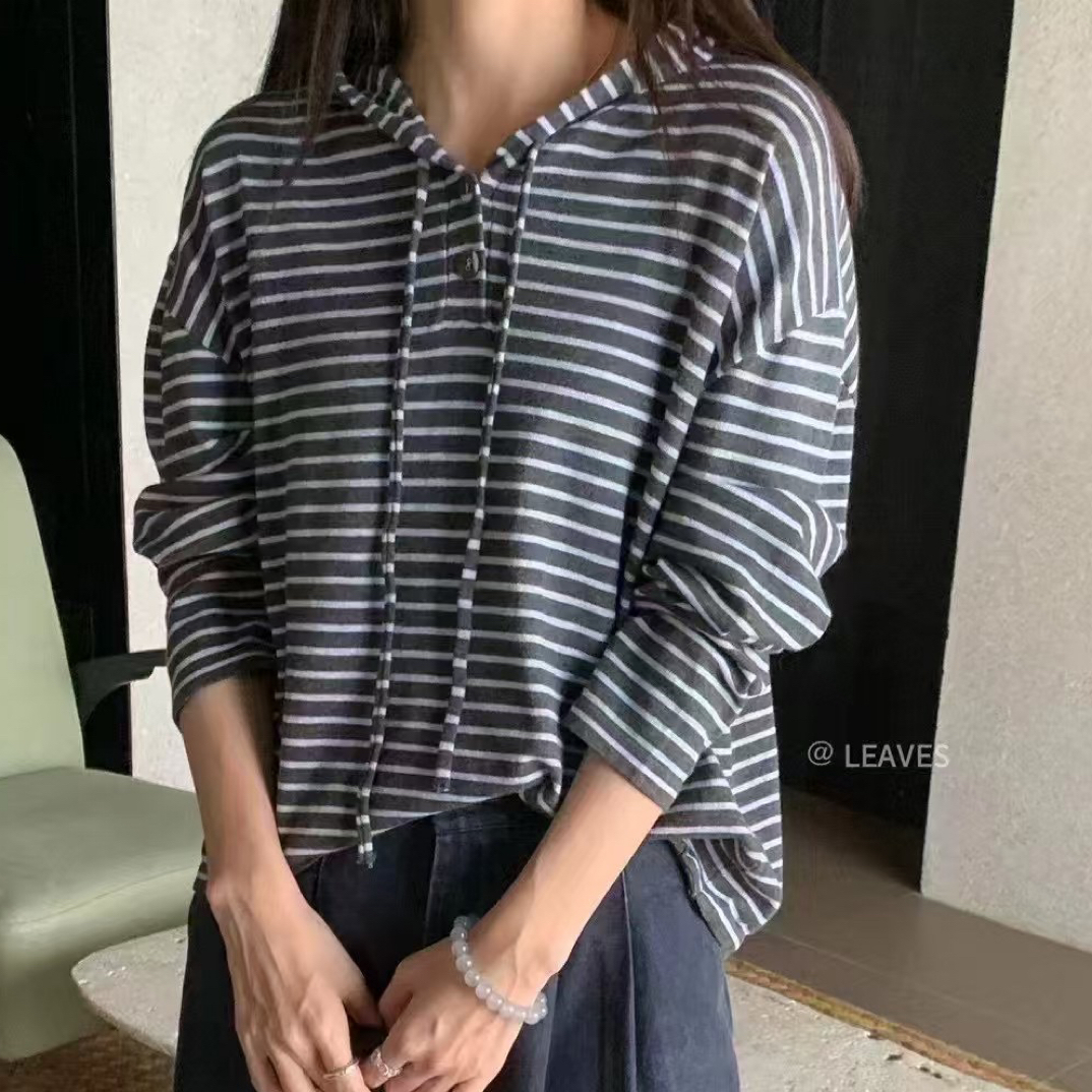宽松型连帽秋季条纹针织毛针织衫宽松毛衣春秋时尚