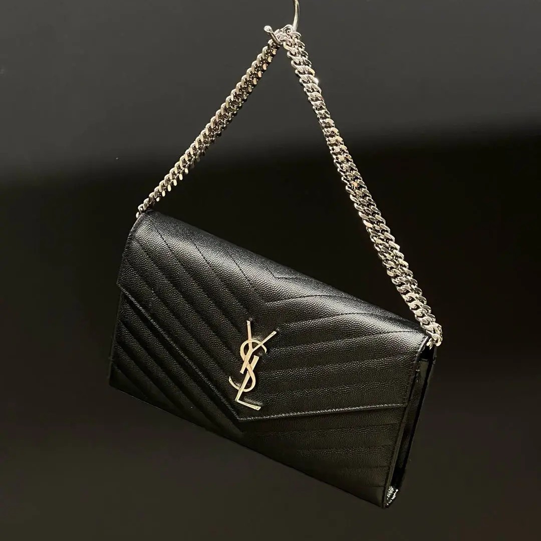 99新 YSL/圣罗兰 1379 黑银信封斜挎包中号