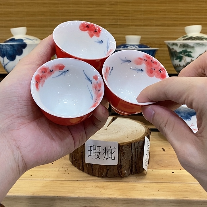 手绘3个龙船花杯子60cc釉下彩微瑕福利款