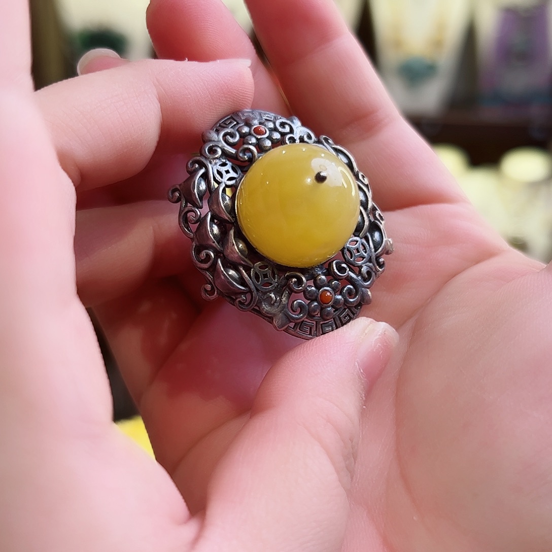 琥珀戒指/指环银S925镶嵌古风