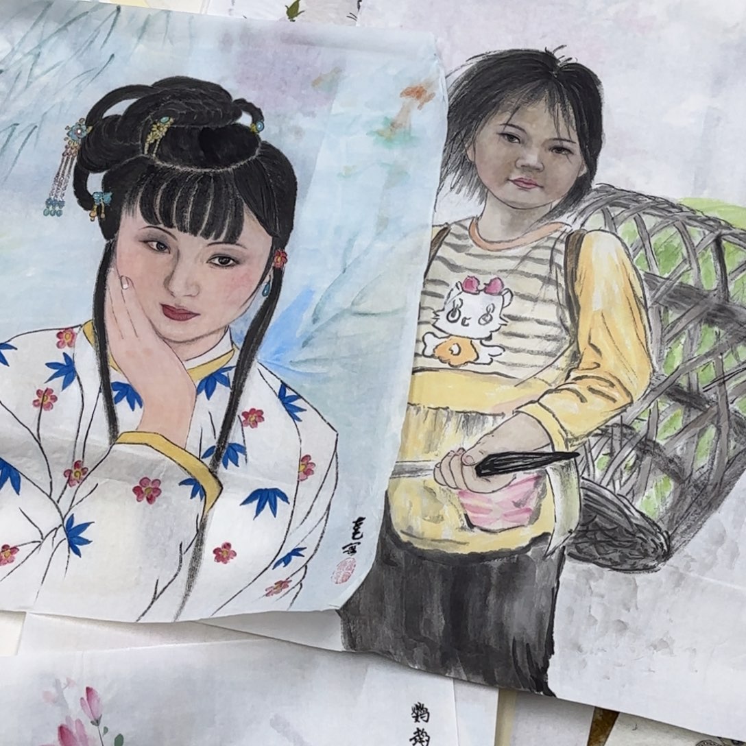 落***涯国画人物作品两张艺