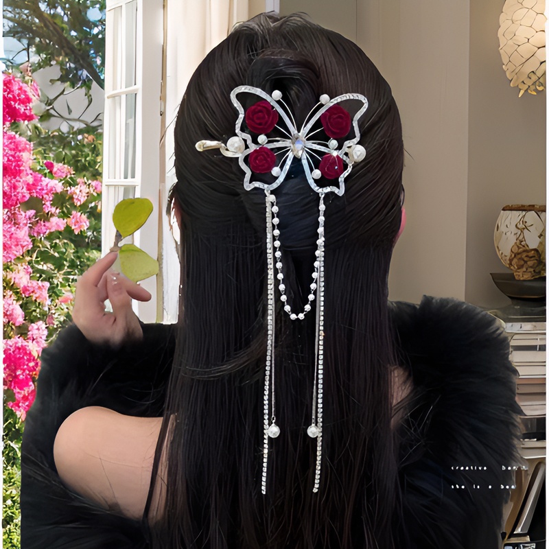 轻奢中式玫瑰蝴蝶流苏红飞翠舞气质扭扭夹女时尚小众国风发卡头饰