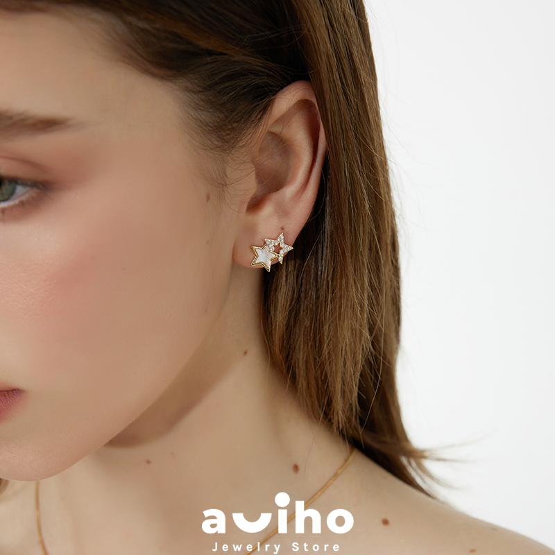 合金贝壳耳饰 双星镶钻耳钉高级气质法式简约百搭耳环五角星