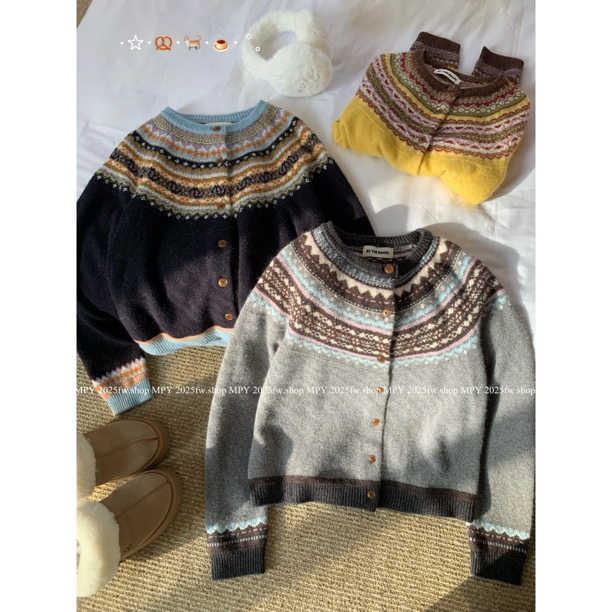 孟婆家【浣绒小熊】50%羊毛+兔绒+羊驼绒秋冬复古费尔岛毛衣外套121