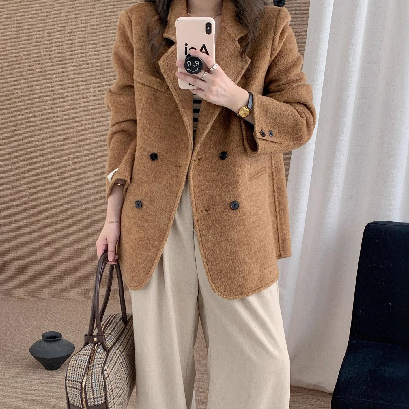 双面大衣女中长款双排扣西装垫肩加厚韩版宽松毛呢外套2025新款
