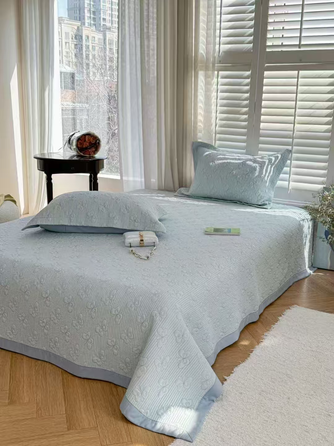 【羽鸿严选】双面莱赛尔天丝床盖三件套绗缝夹棉高温水洗花开蝶自来