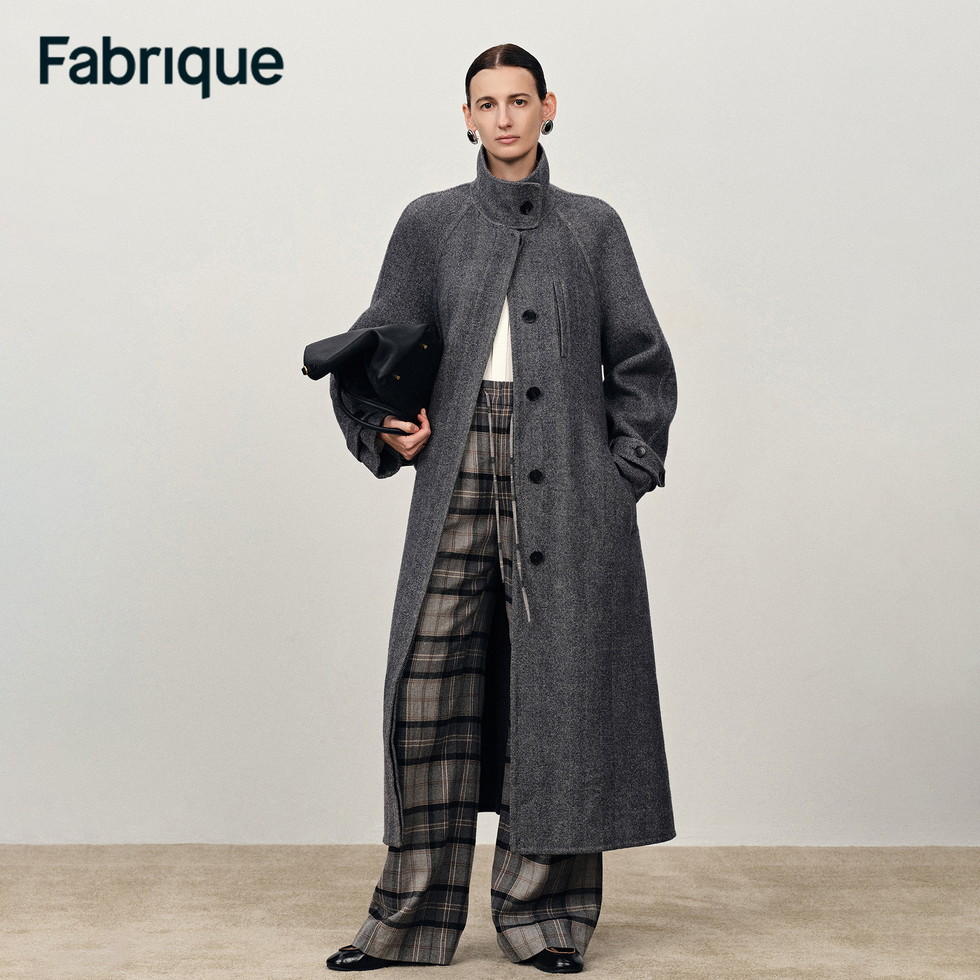 Fabrique【郭宇欣同款】雾中伦敦绵羊毛人字纹配腰带立领长款大衣