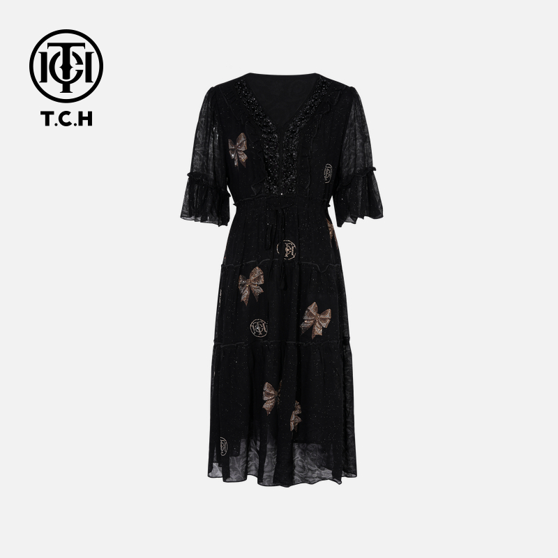TCH私服烫钻工艺时尚休闲百搭蝴蝶结连衣裙女T75B30E1035轻奢tch