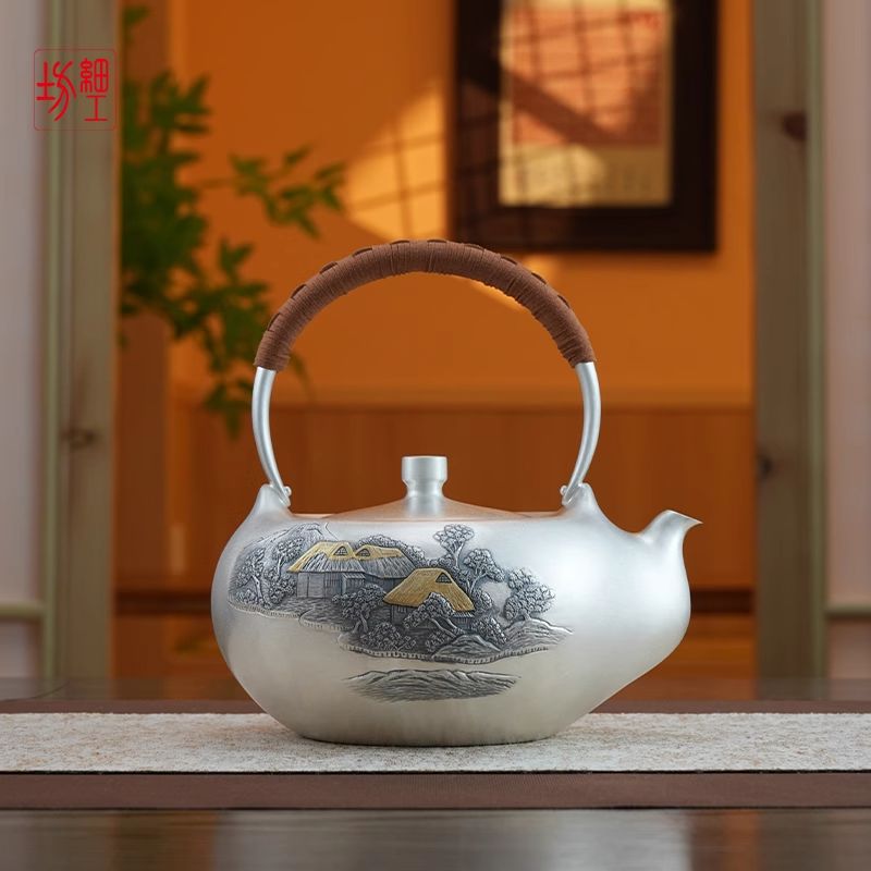 银壶陶瓷复古煮茶壶烧水壶家用口耳一张打工艺田野自甘大银壶