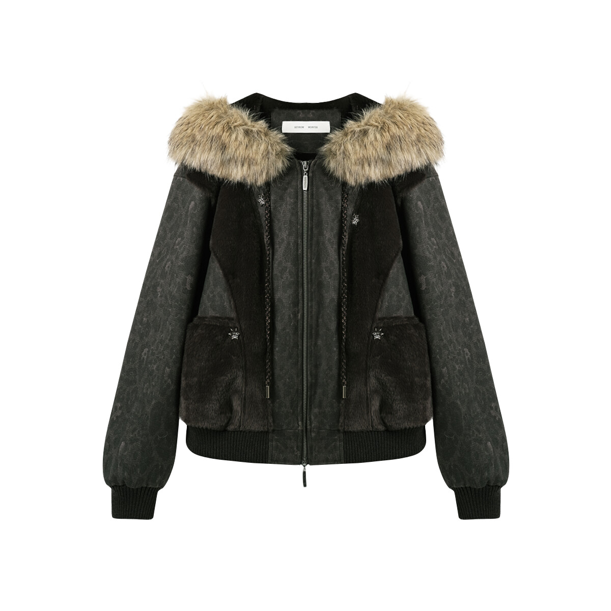 西町村屋豹纹拼接潮酷可拆卸毛毛领外套XAAD10604