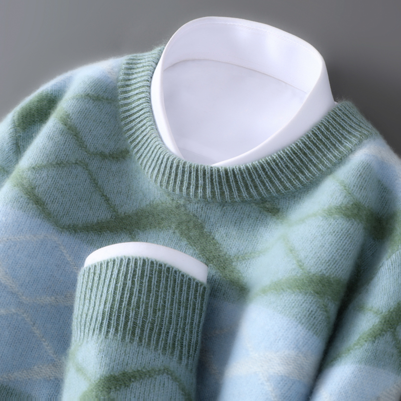 休闲风！秋冬新款男士圆领加厚羊绒衫 宽松拼色休闲套头毛衣打底