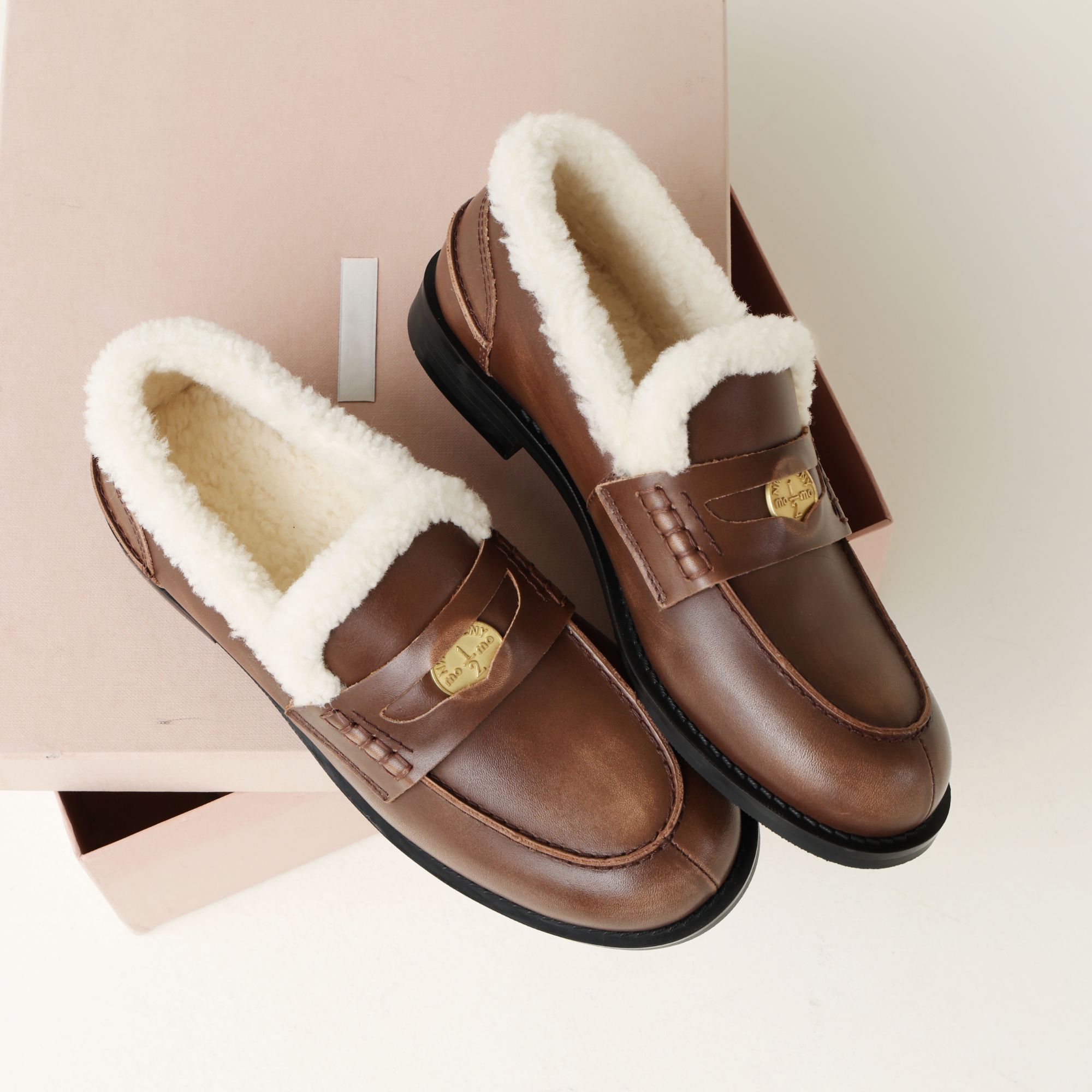 Inking Pot 英伦风金币擦色羊毛乐福鞋女小皮鞋冬季保暖单鞋