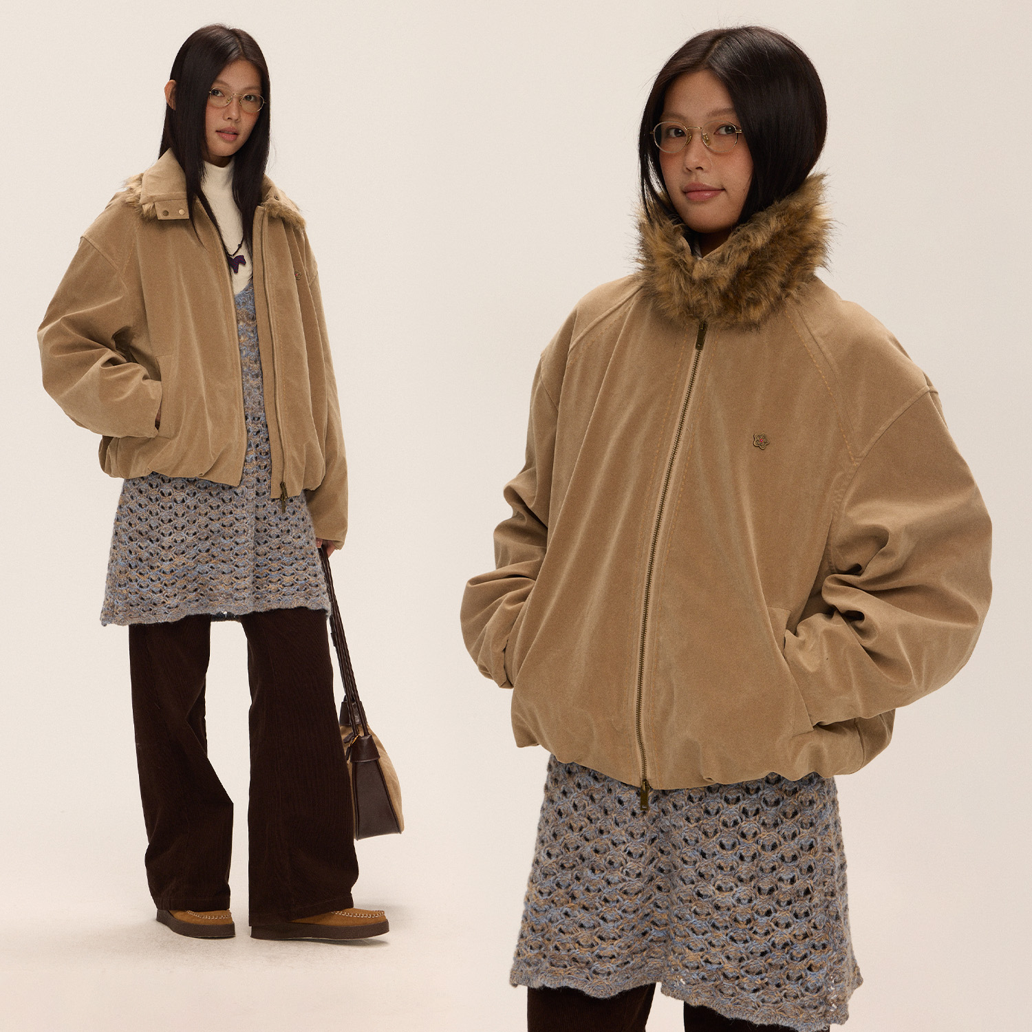 江南先生NewJNXS"费尔岛之夜"仿麂皮双型磁吸毛领棉服冬外套