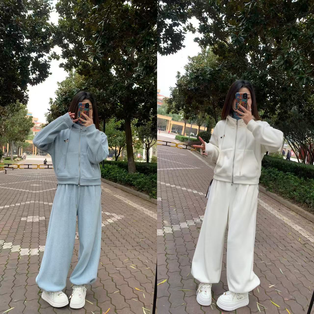 可米 新款 连帽显瘦洋气运动加绒小马卫衣套装 333106（衣53裤99）