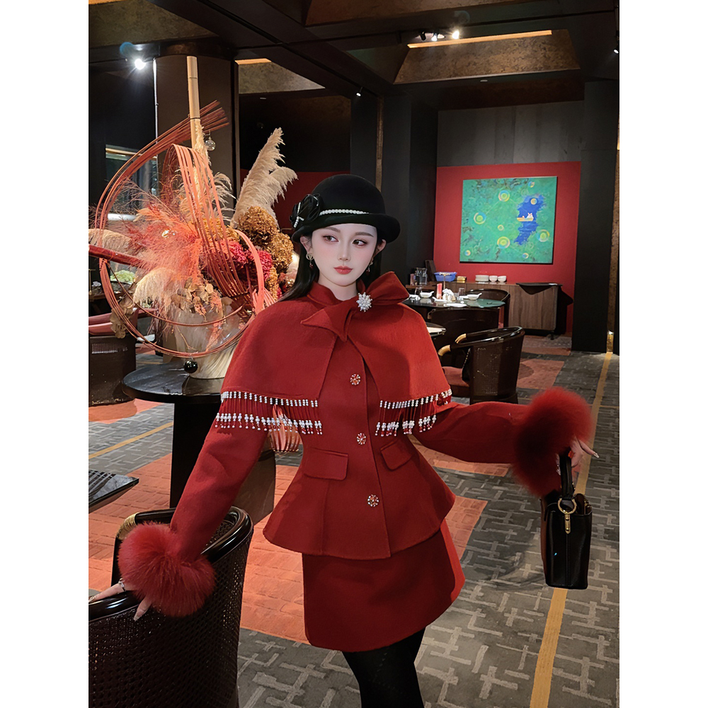 【红昭愿】郭郭原创静奢100羊毛红色双面羊毛大衣半裙套装女