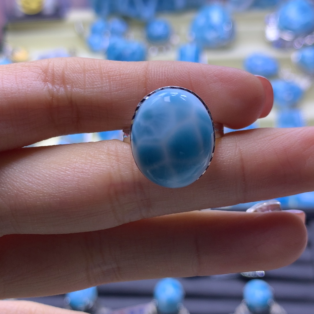 针钠钙石（海纹石）银S925镶嵌戒指蛋面戒指色差略异