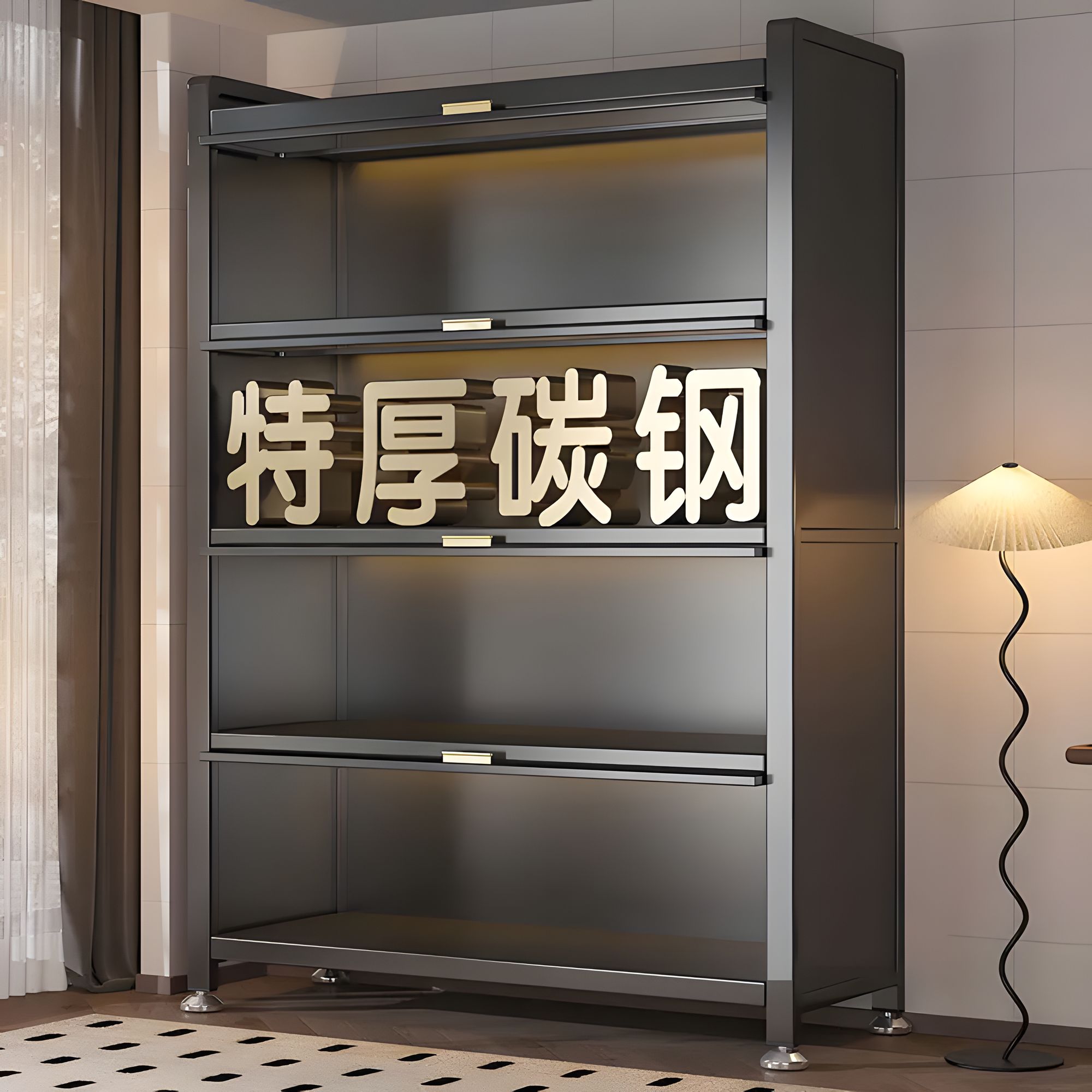 家用钢制置物架落地多层家用收纳储物柜多功能微波炉烤箱碗筷柜子