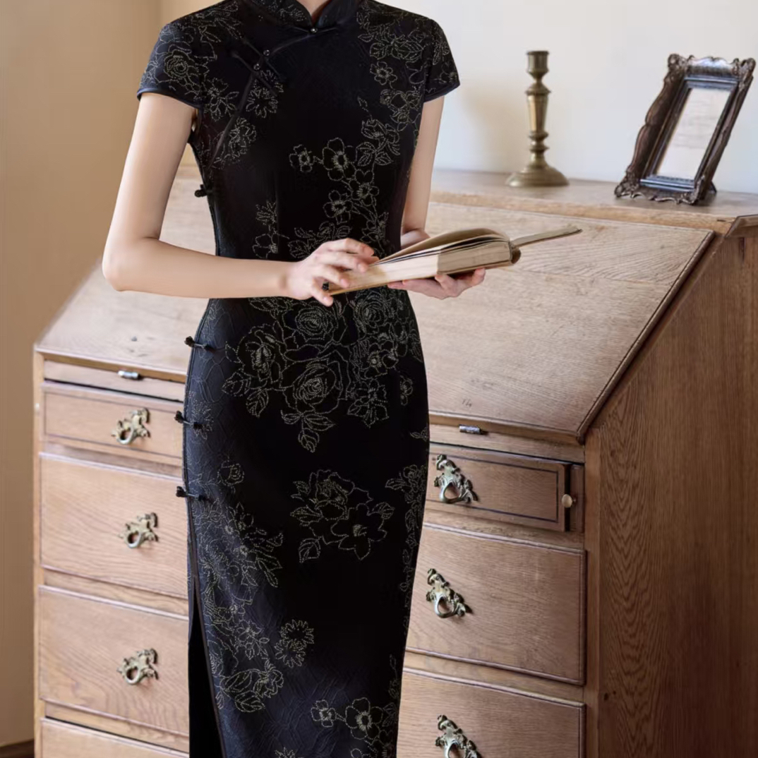 2025新款低开衩常规旗袍中式玫瑰印花复古