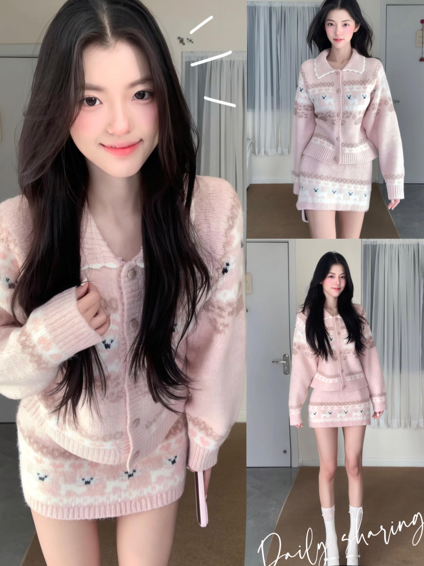 韩系圣诞费尔岛针织开衫女小个子提花毛衣外套两件套上衣+半身裙