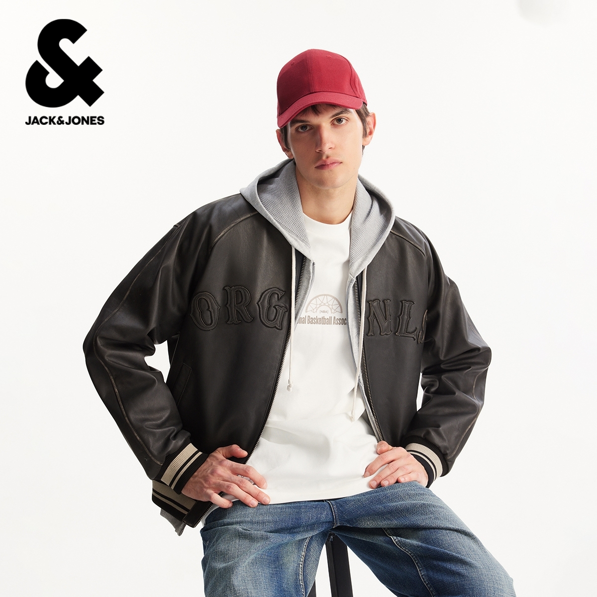 【牛皮】杰克琼斯男装春季夹克字母图案简约休闲棒球领2026