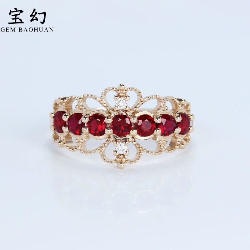 18k玫瑰金天然鸽血红宝石宫廷复古戒指 彩金镶钻石蕾丝指环女款