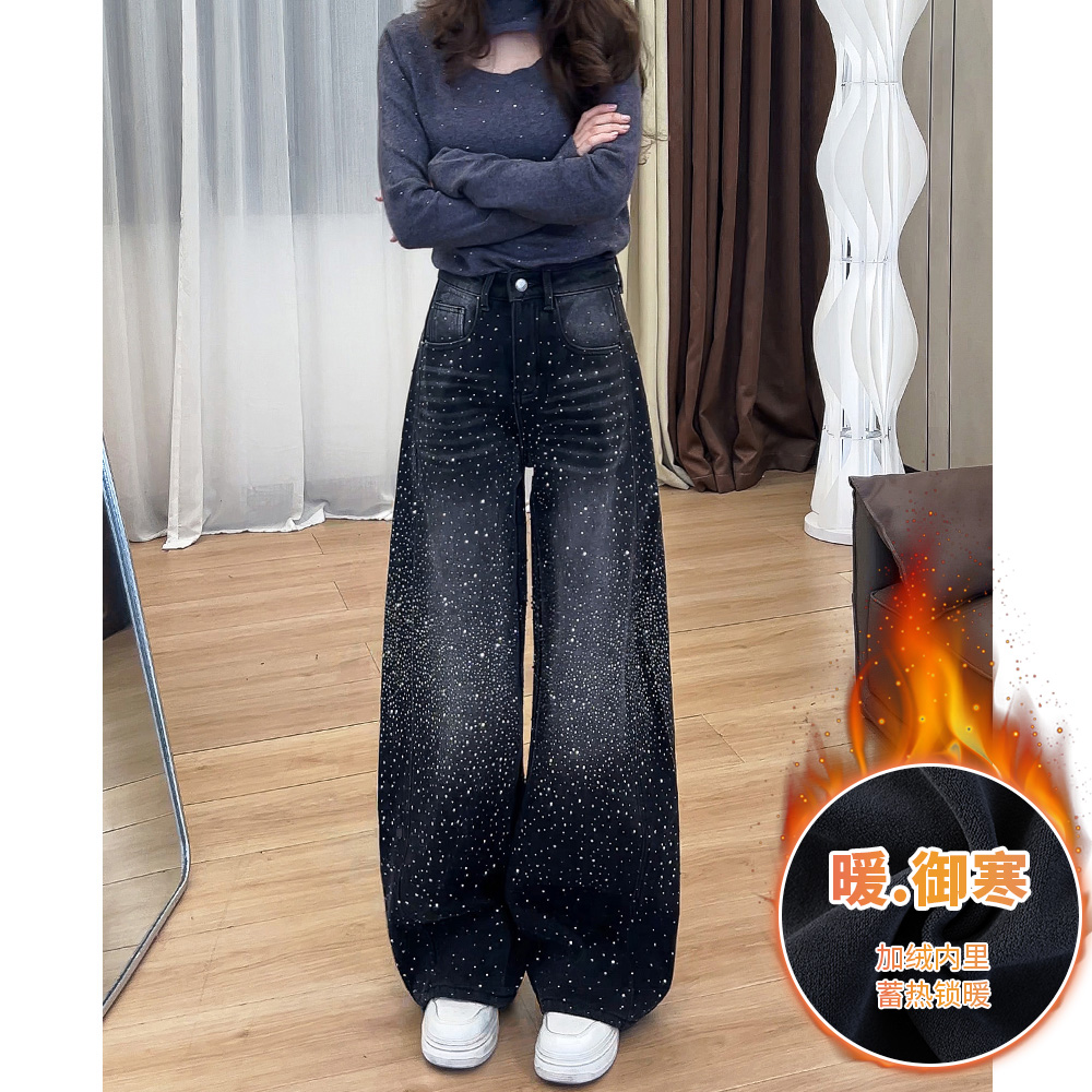355满天星烫钻阔腿牛仔裤女秋冬加绒2025年新款时尚宽松弯刀裤