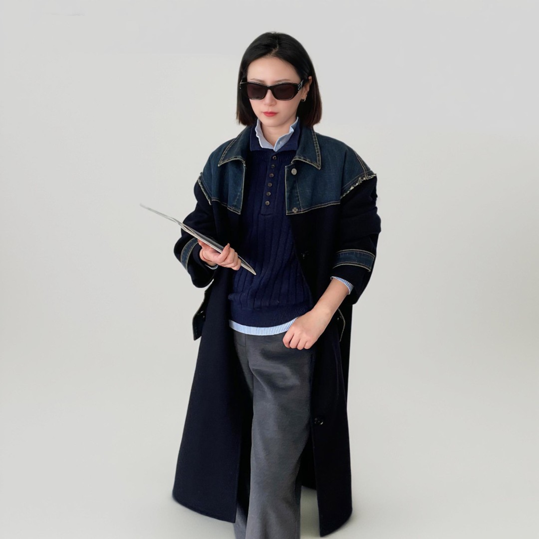 秋冬个性酷飒高级感时尚翻领中长款气质复古牛仔拼贴羊毛大衣1845