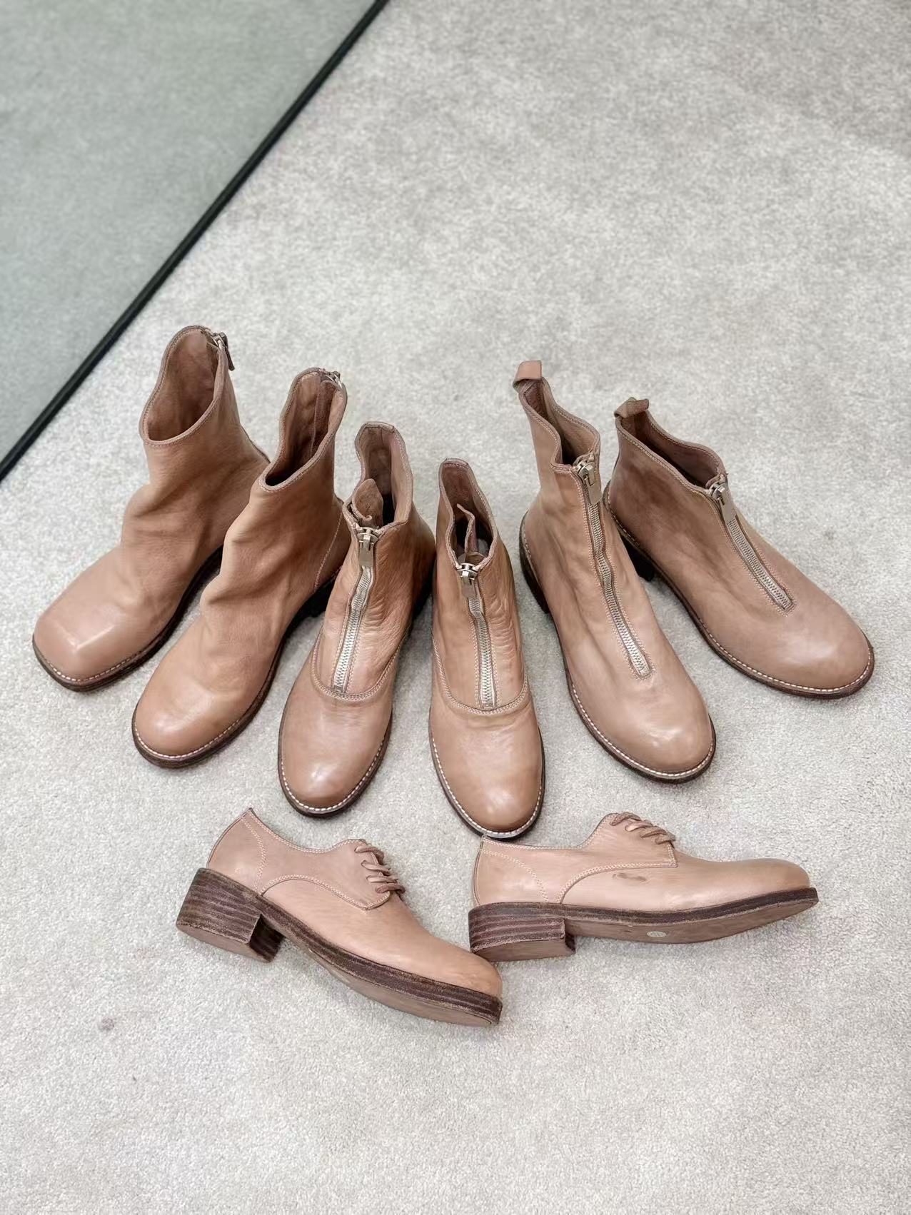 限定 奶茶粉 水洗马皮固特异前拉链小众个性女靴子真皮鞋复古手工