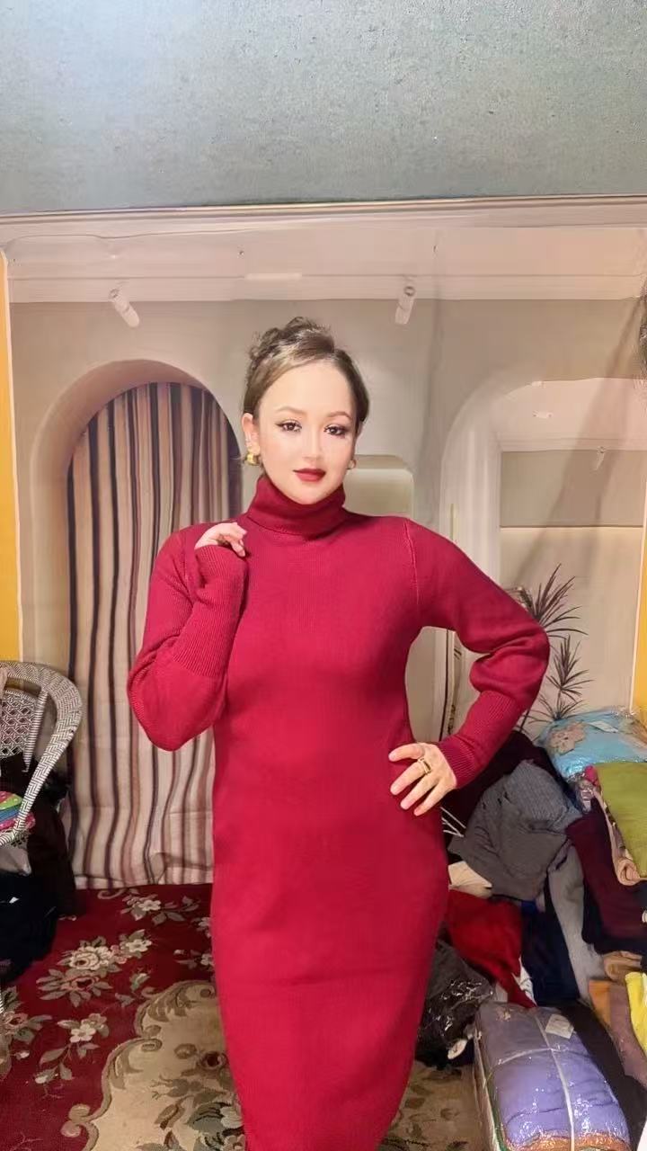 树脂固色保暖常规长裙圆领连衣裙毛衣裙时尚长袖旗袍