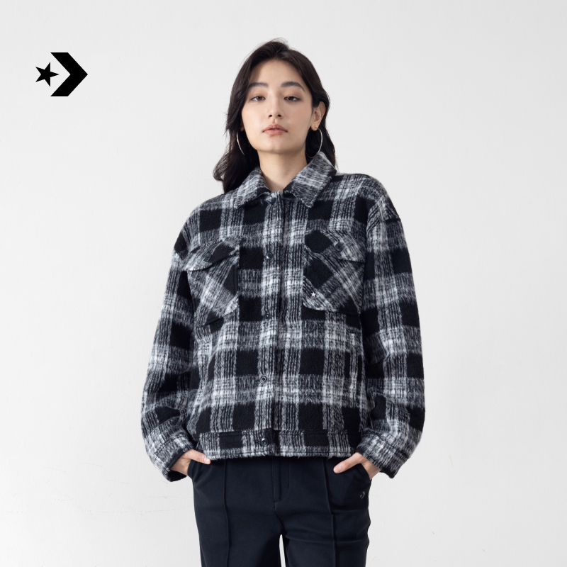 匡威秋冬新品女格纹多口袋翻领夹克外套CONVERSE WCJ113