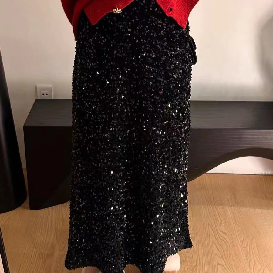 重工亮片加厚半身裙女欧洲站冬装新款欧货女装时尚A字半裙子潮