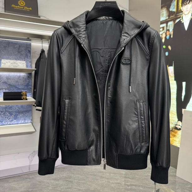 【亚萍男装】ADDIORO 连帽真皮夹克男士秋冬休闲皮衣外套0678