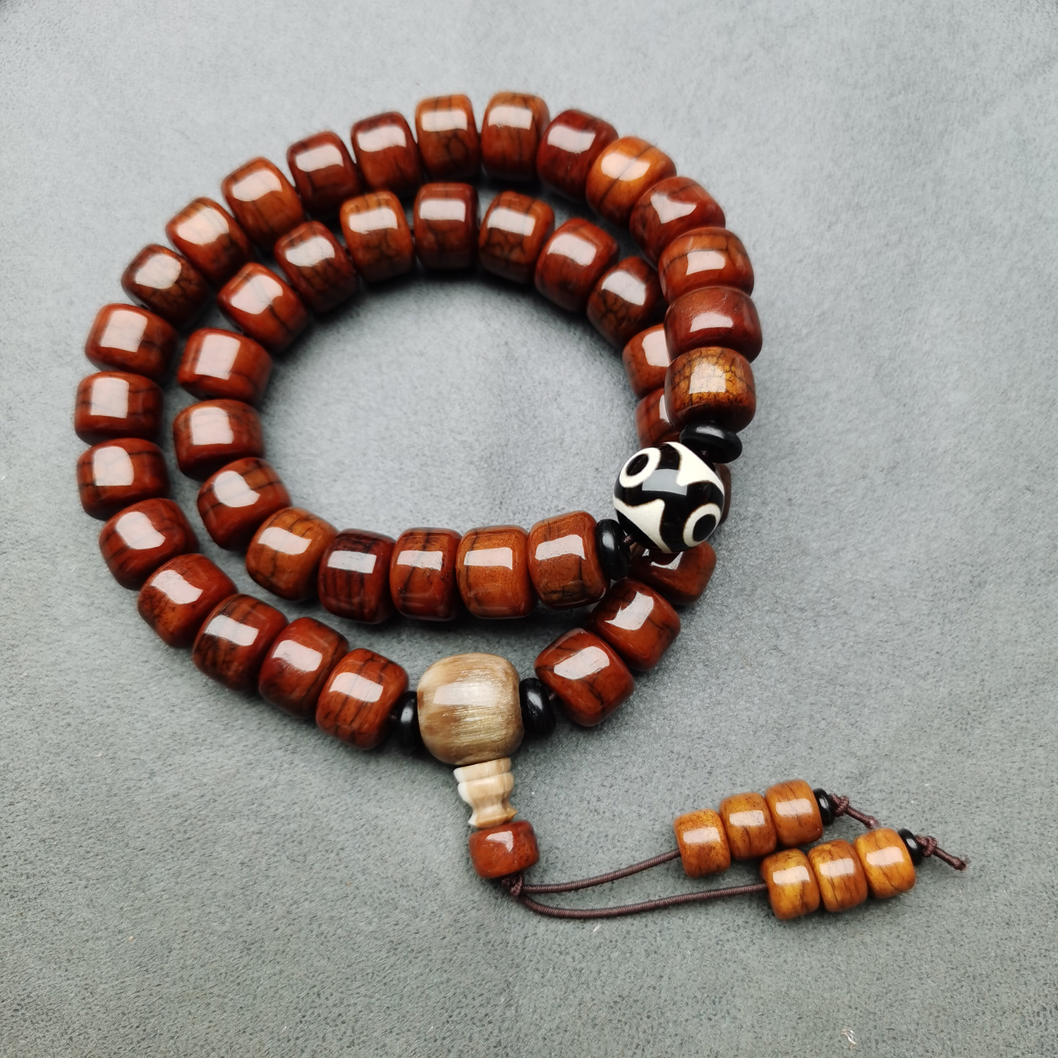 民族风雕刻牦牛骨桶珠双圈手串手持念珠棕色复古藏式经典古朴气质
