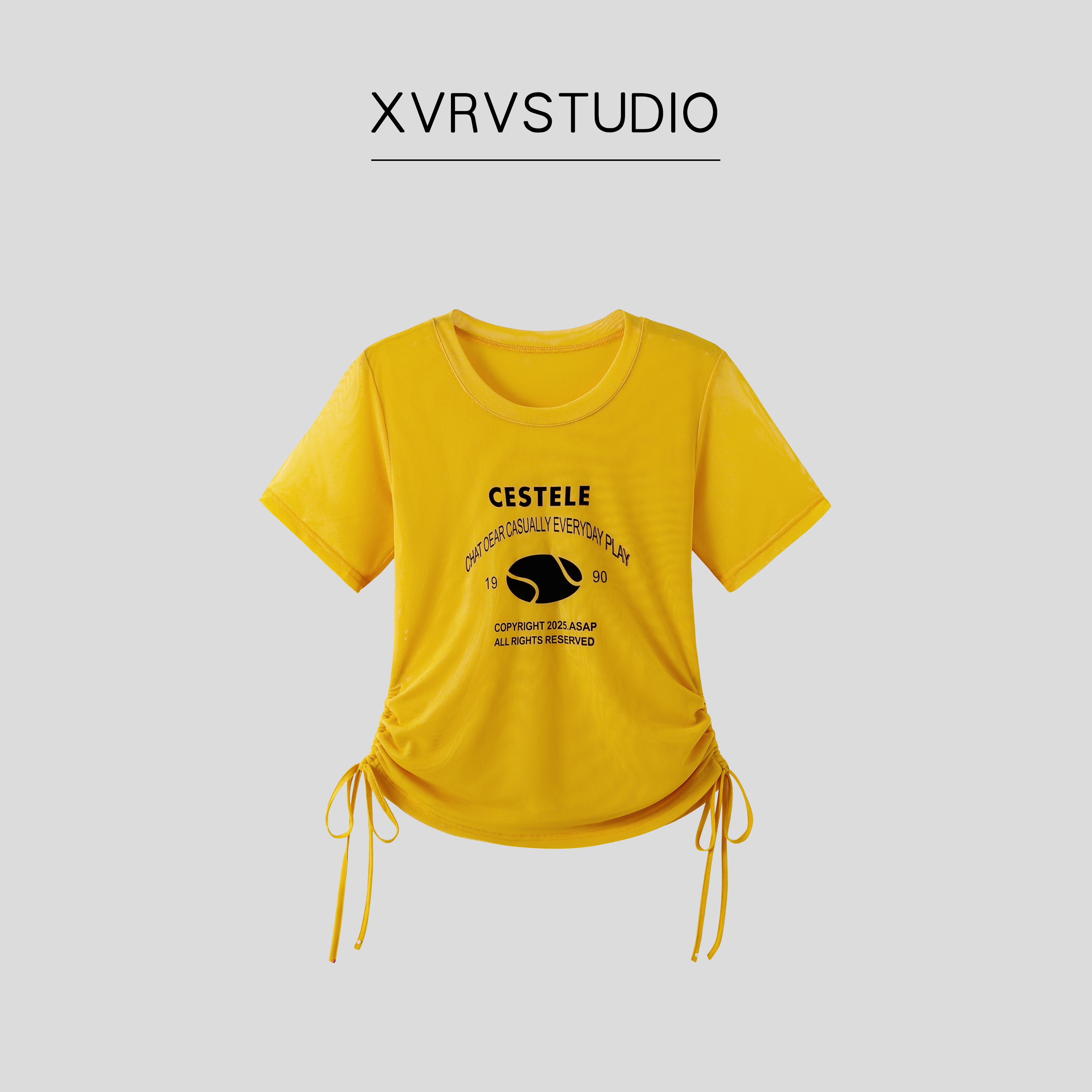 XVRV夏季抽绳款网纱运动短袖健身跳操户外百搭显瘦T恤上衣